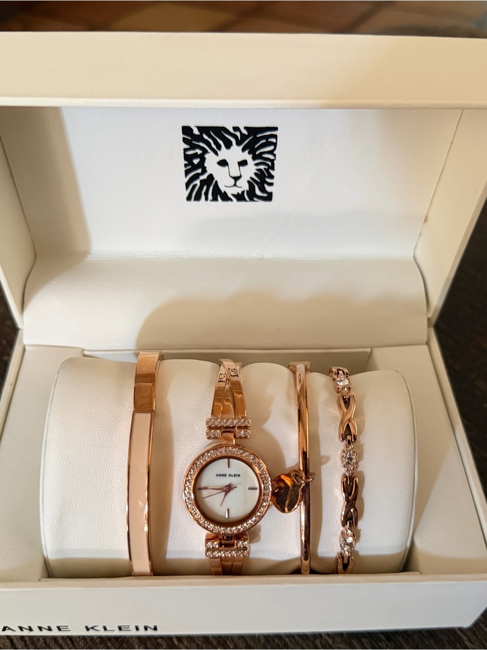 BRAND NWT 4 PIECE ANNE KLEIN ROSE GOLD TONE WATCH AND 3 BRACELETS